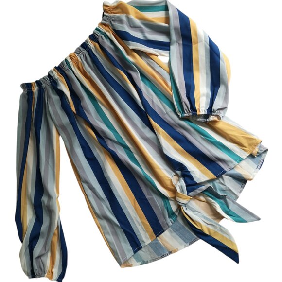nip Multicolor Stripe Off The Shoulder Blouse TopM - Picture 1 of 3
